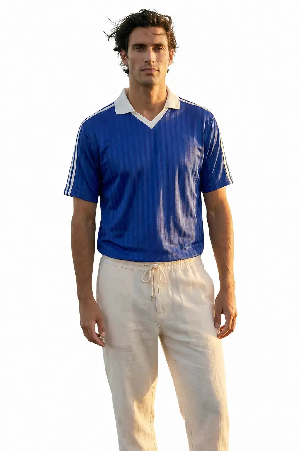 Striped performance soccer jersey breathable athletic fit navy white
