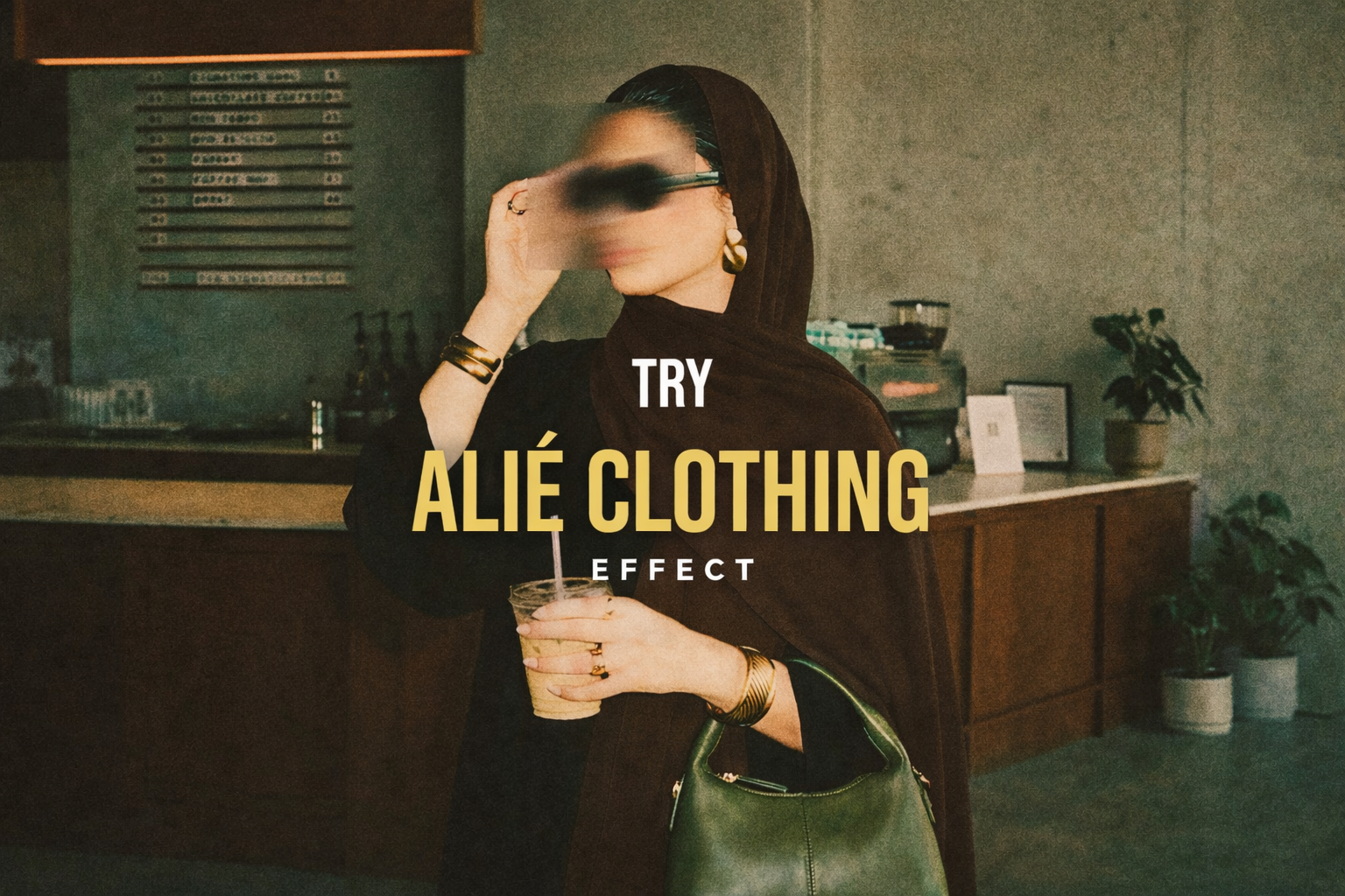 Person holding a drink with text promoting Alié Clothing effect in a casual setting.